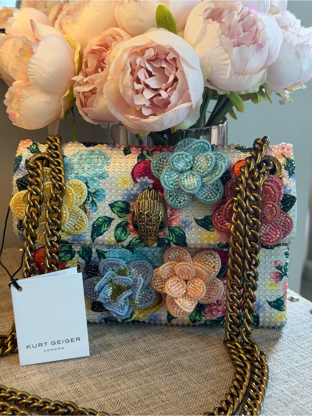 Kurt Geiger Multicolor Beaded Floral Shoulder Bag with Gold Chain - Picture 11 of 11